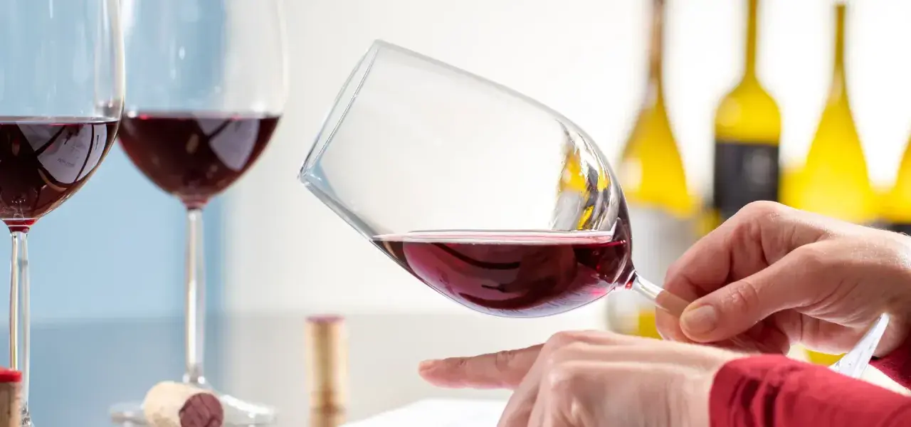 Degustazione di vino rosso. Un enologo esperto valuta il colore e la limpidezza, pronto per nuove sfide. Cerco lavoro enologo.