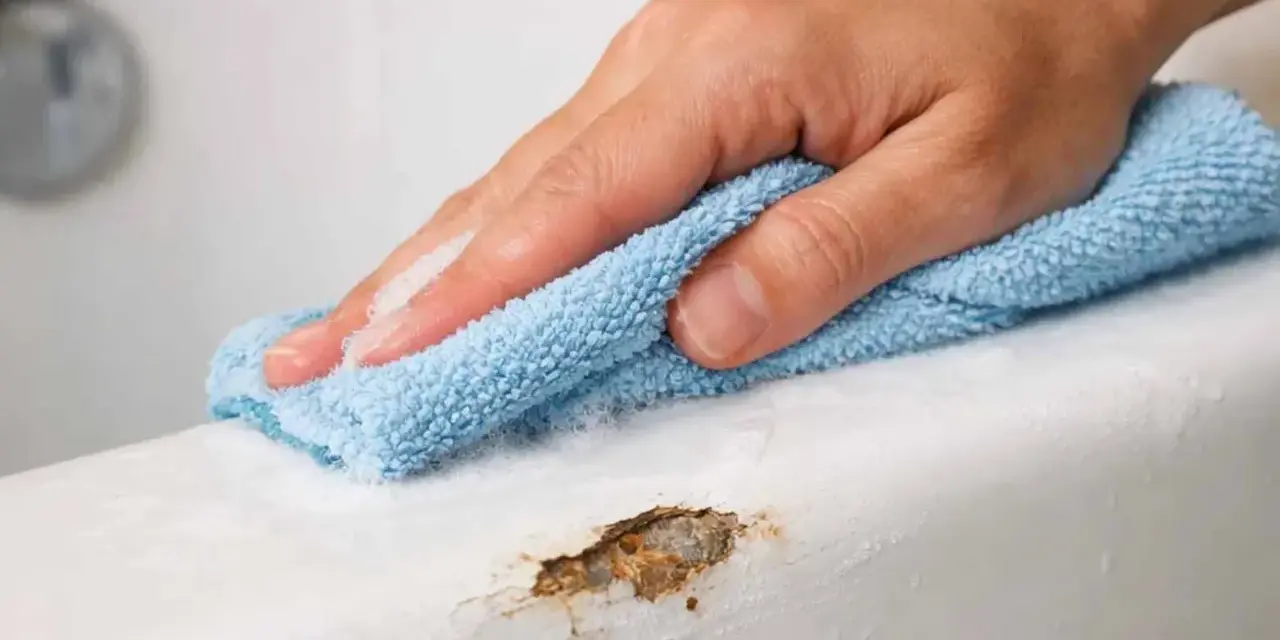 Main d'une personne nettoyant une rayure sur une baignoire en acrylique avec un chiffon bleu.