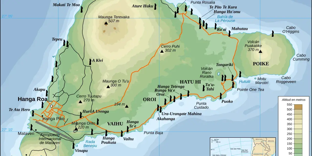Mapa turystyczna wyspy z Wielkanocną, pokazująca szlaki, ruiny i punkty widokowe.