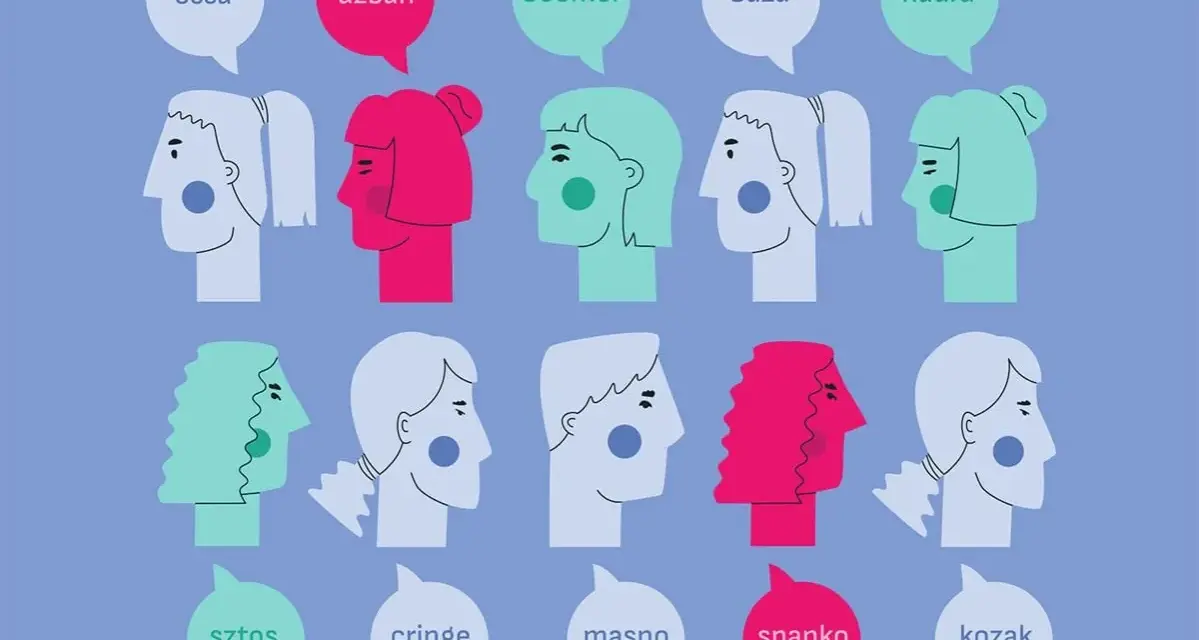 Ilustracja przedstawia głowy ludzi z dymkami, w których znajdują się słowa: "essa", "dzban", "boomer", "baza", "naura", "sztos", "cringe", "masno", "spanko", "kozak". To taki slangowy słowniczek.