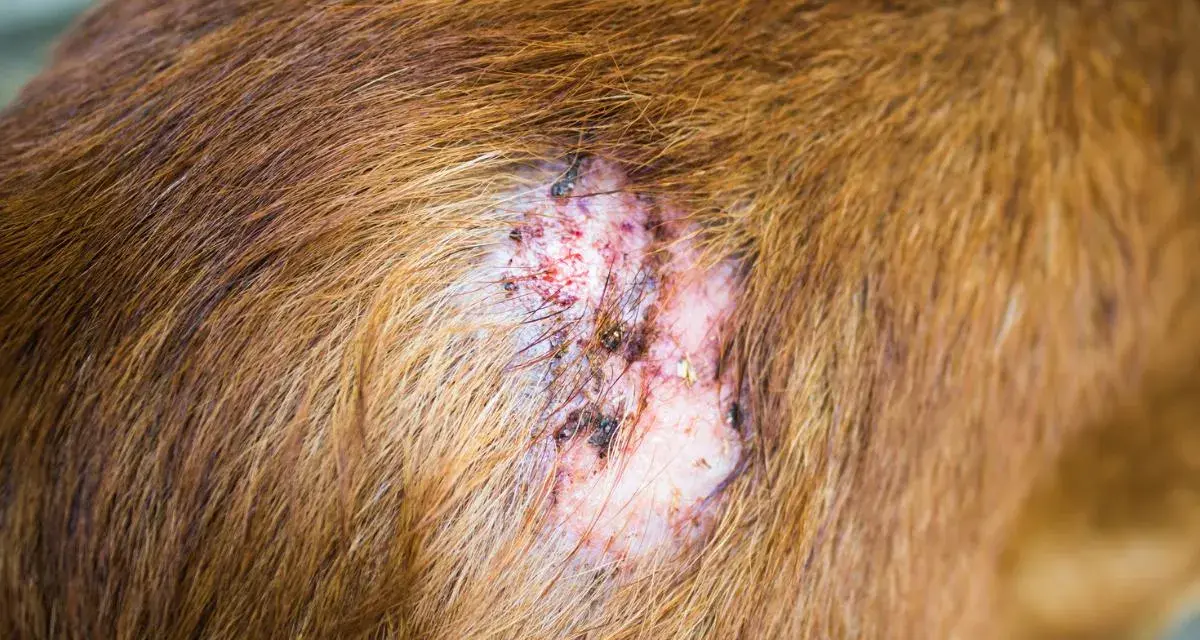 Lesión cutánea en un perro, posiblemente por sarna. La piel está enrojecida, con costras y pérdida de pelo.