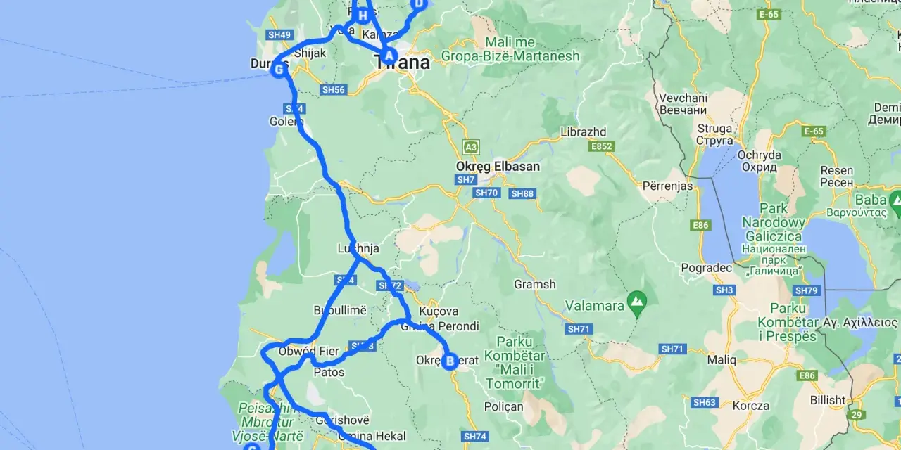 Trasa samochodowa przez malownicze **albania miasta**: Durrës, Tirana, Elbasan, Berat, Kuçova, Fier, Lushnja, Vlora.