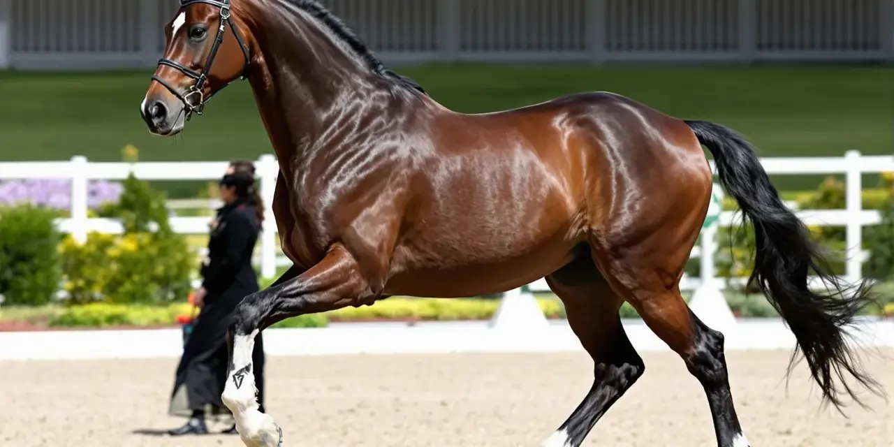 Un magnifique cheval bai, aux crins noirs, effectue un mouvement gracieux sur le sable. Un cheval AES, prêt pour la compétition.