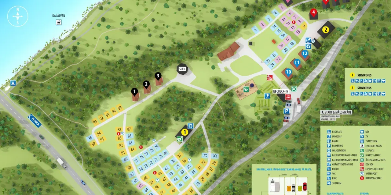 Karta över First Camp Mellsta - Borlänge med campingplatser, stugor, servicehus och faciliteter vid Dalälven.