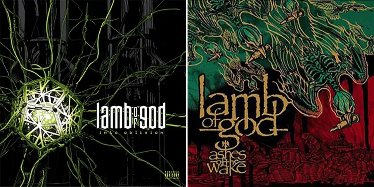 Behold the Lamb of God album covers: "Into Oblivion" with a glowing geometric orb and "Ashes of the Wake" with a skeletal dragon.