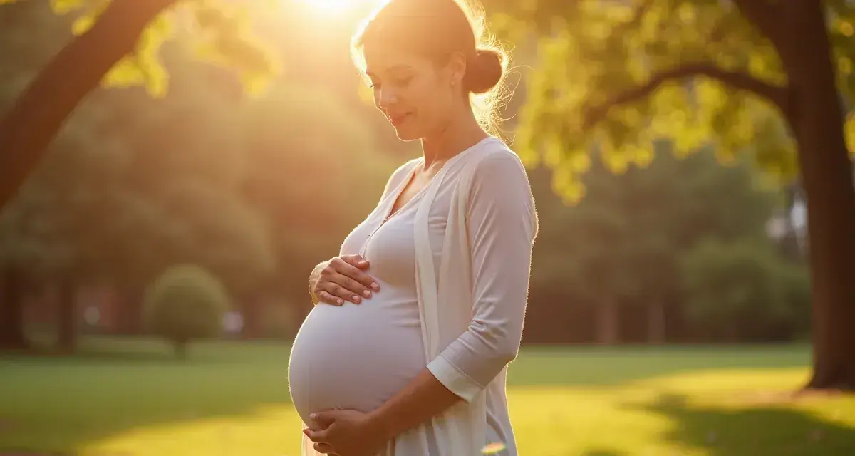Kobieta w wieku 48 lat cieszy się naturalną ciążą, trzymając dłonie na brzuchu w promieniach zachodzącego słońca w parku.