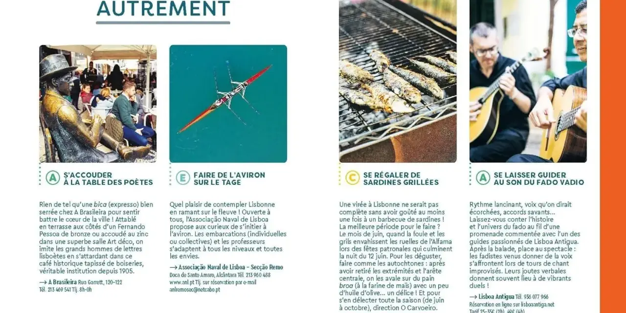 Lisbonne autrement : s'accouder à la table des poètes, faire de l'aviron sur le Tage, se régaler de sardines grillées, se laisser guider au son du Fado. Idéal pour vos vacances scolaires au Portugal.