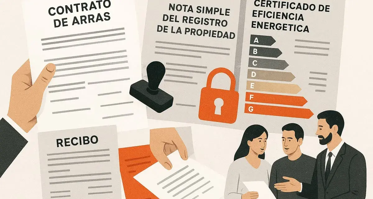 Documentos clave para la escritura pública de vivienda: contrato, nota simple, certificado energético y recibo.