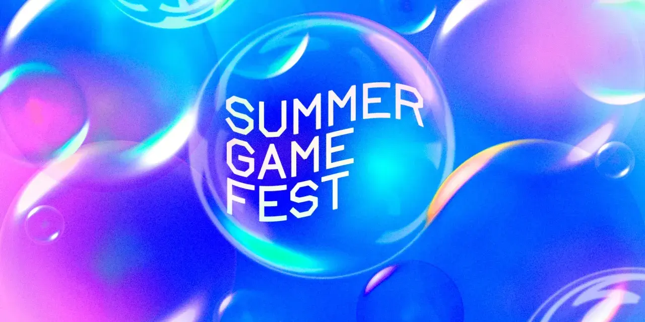 Błyszczące bańki unoszą się w neonowych barwach, tworząc magiczną atmosferę. W centrum widnieje napis "SUMMER GAME FEST", zapraszający do wirtualnej zabawy.
