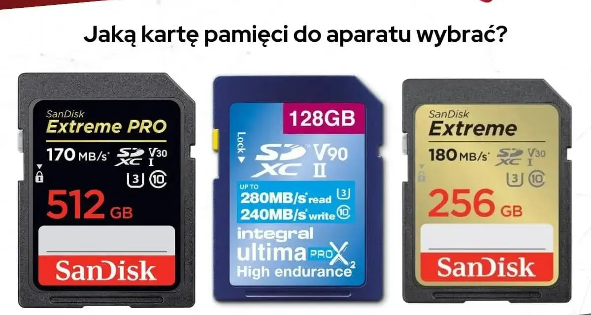 Trzy karty pamięci SanDisk: 512 GB Extreme PRO, 128 GB Integral Ultima ProX2 i 256 GB Extreme. Wybierz odpowiednią kartę flash do swojego aparatu.