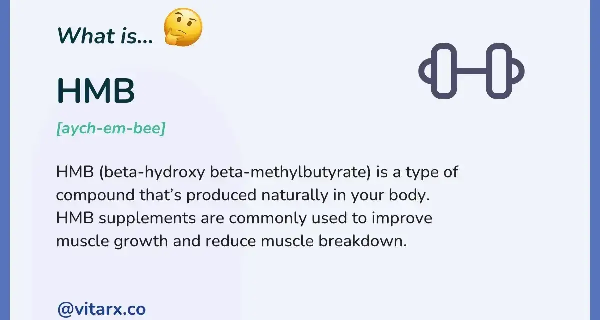 HMB co to? To beta-hydroksy beta-metylomaślan, związek naturalnie produkowany w ciele, wspierający wzrost mięśni. Ikona hantli symbolizuje jego zastosowanie.
