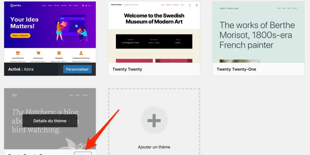 Interface WordPress pour la gestion des thèmes. Un bouton "Ajouter" est visible, suggérant l'ajout d'un nouveau thème, comme pour un wordpress upload file.