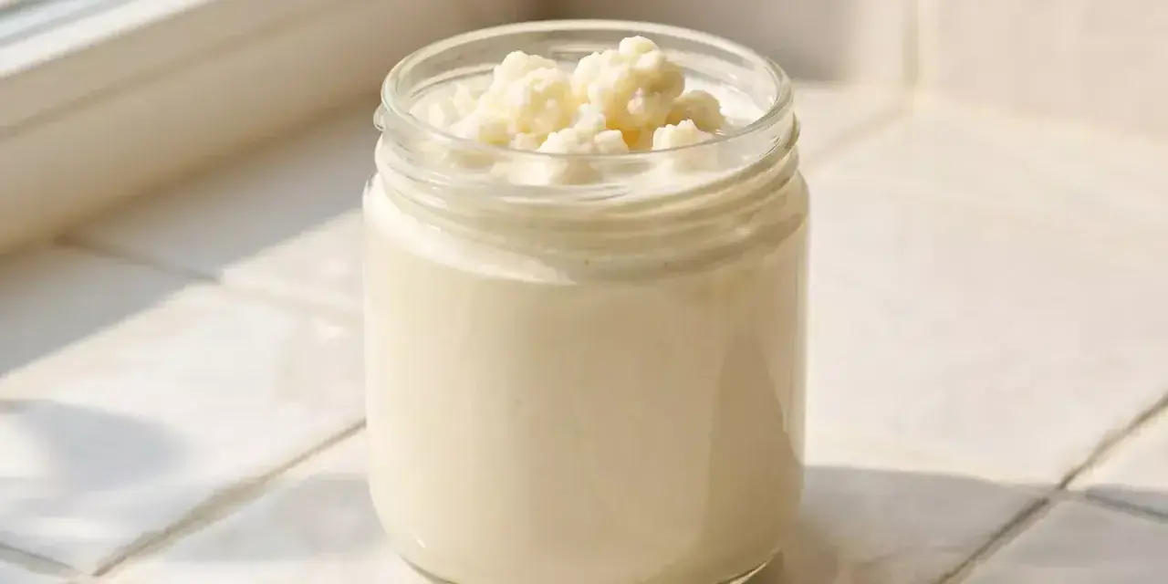 Ein Glas Kefir mit lebenden Kulturen, bereit für die Zubereitung von Kefir-Brot.