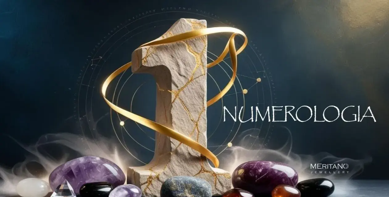 Kamienna jedynka z złotymi żyłkami, otoczona kryształami i mgłą, symbolizuje numerologię.