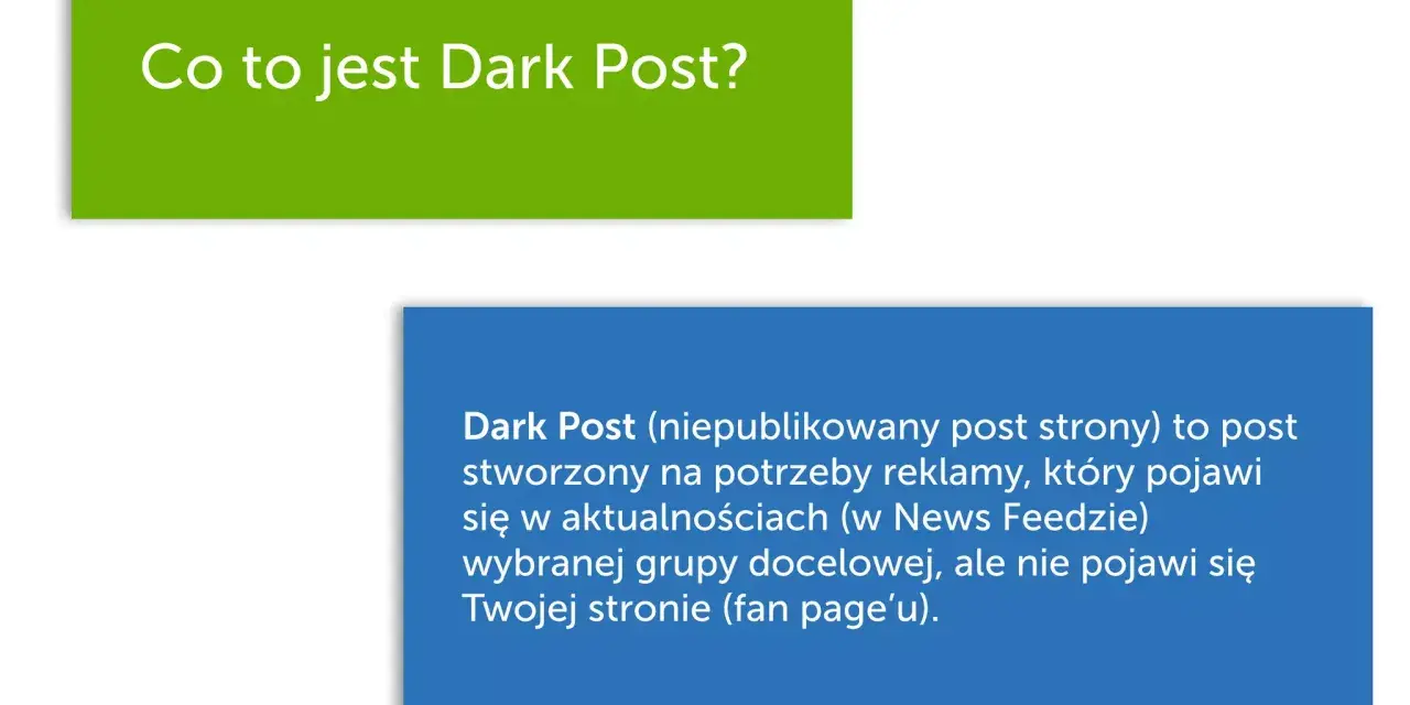 Co to jest Dark Post? To niepublikowany post reklamowy, widoczny tylko dla wybranej grupy docelowej, nie na Twojej stronie.