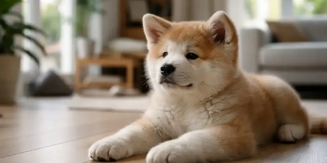 Szczenię rasy Akita Inu leży na drewnianej podłodze w przytulnym wnętrzu.