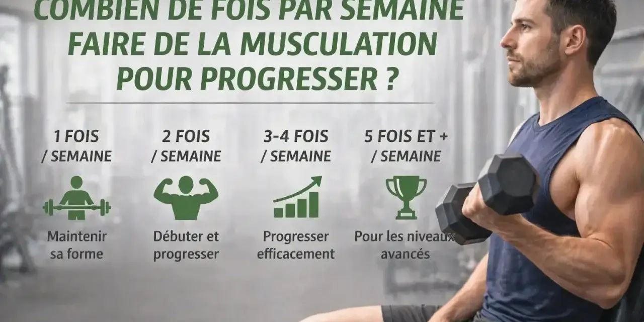 Un homme musclé soulève une haltère. L'image explique combien de fois par semaine faire de la musculation pour progresser, idéal pour un jour de repos musculation.