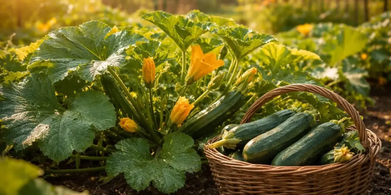 Frisch geerntete Zucchini liegen in einem Korb neben der Pflanze mit gelben Blüten. Ein perfekter Moment für die Zucchini-Ernte im warmen Abendlicht.