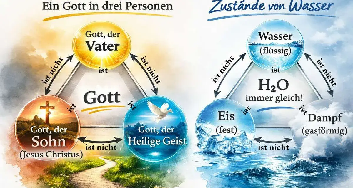 Die Dreieinigkeit: Gott, der Vater, der Sohn (Jesus Christus) und der Heilige Geist sind ein Gott. Analogie: Wasser, Eis und Dampf sind H2O.