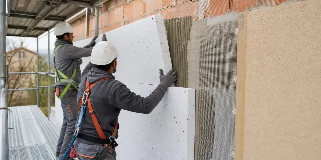 Operai in cantiere applicano pannelli isolanti per forare cappotto termico. Lavori di isolamento esterno.