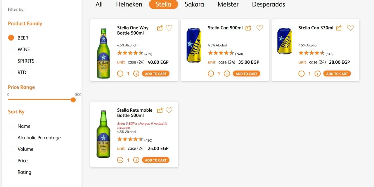 Stella piwo w Egipcie: butelki i puszki Stella dostępne w różnych rozmiarach, idealne na gorące dni.
