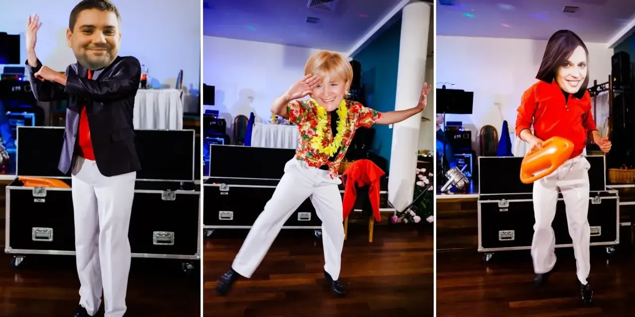 Trzy osoby w białych spodniach i z twarzami przyklejonymi do ciał tańczą. Zabawna alternatywa dla pierwszego tańca na weselu.