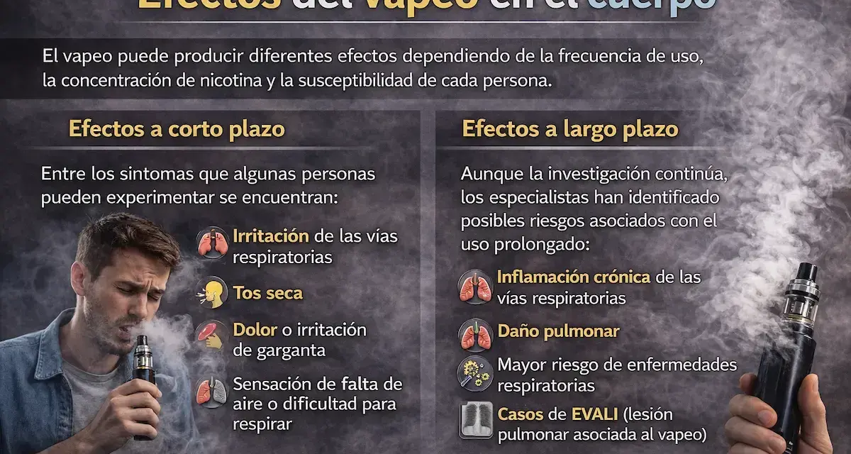 ¿Qué pasa si vapeas una vez? Irritación de garganta, tos seca y dificultad para respirar son posibles efectos a corto plazo, incluso en usuarios ocasionales.