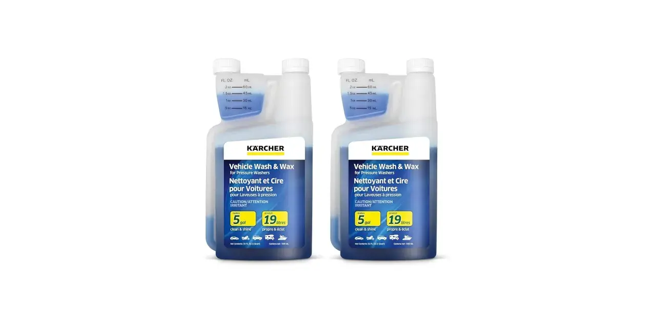 Two bottles of Kärcher Vehicle Wash & Wax for pressure washers. This car wash soap is designed for pressure washers, ensuring a clean and shiny finish.