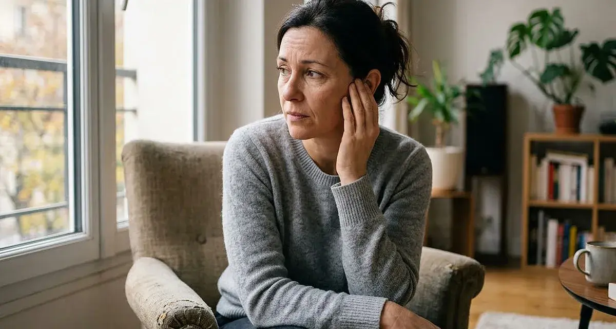 Femme assise près d'une fenêtre, le regard perdu, une main sur l'oreille comme pour entendre un bip dans l'oreille.