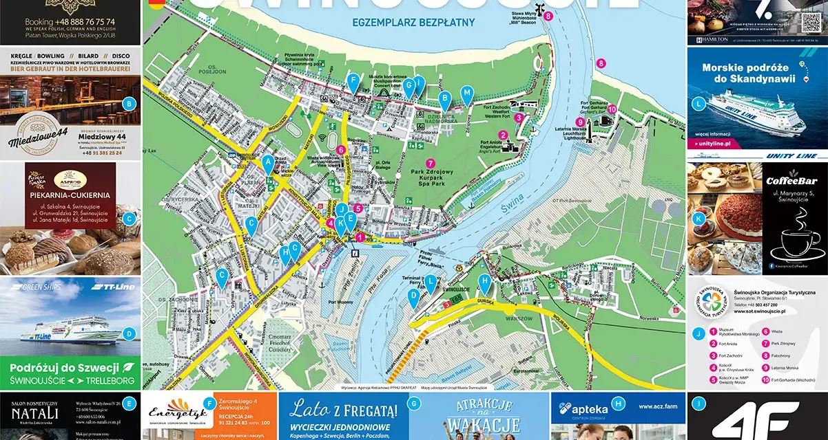 Mapa Świnoujścia z zaznaczonymi atrakcjami, hotelami, restauracjami i punktami usługowymi. Znajdziesz tu świnoujście atrakcje mapa.