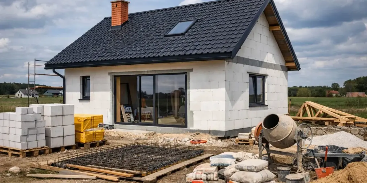 Budowa domu 80 m: bloczki, cement, zbrojenie i betoniarka czekają na rozpoczęcie prac.