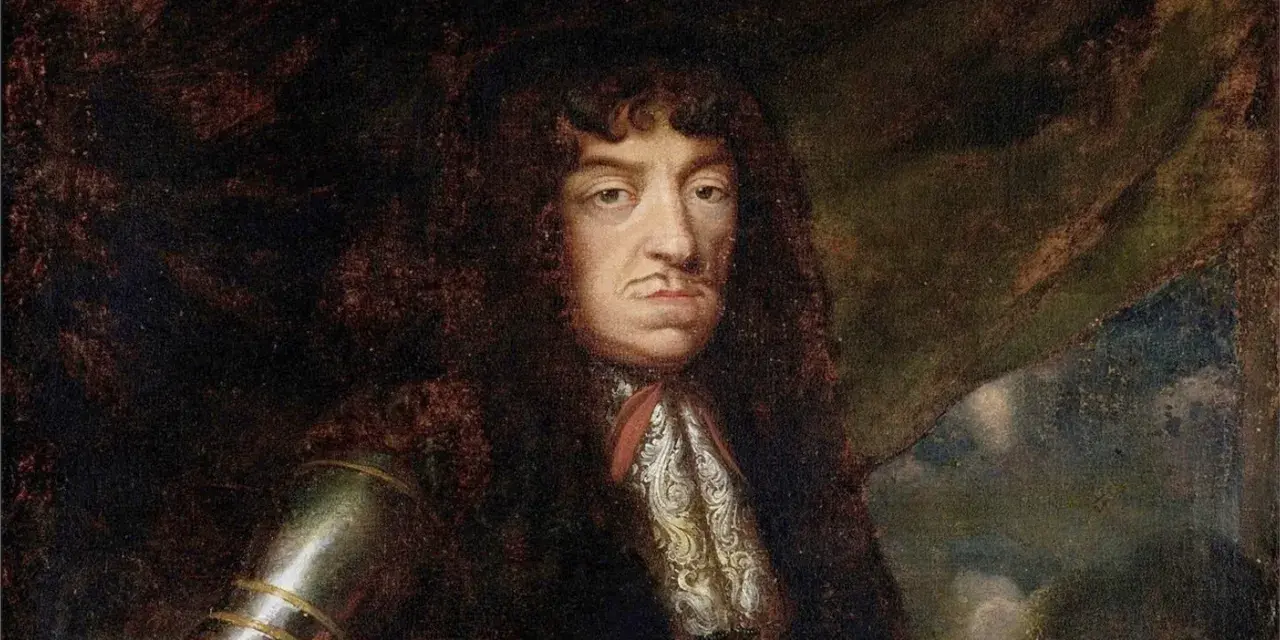 Portret króla Jana Kazimierza, który po abdykacji udał się do Francji. Widać jego charakterystyczną perukę i zbroję.