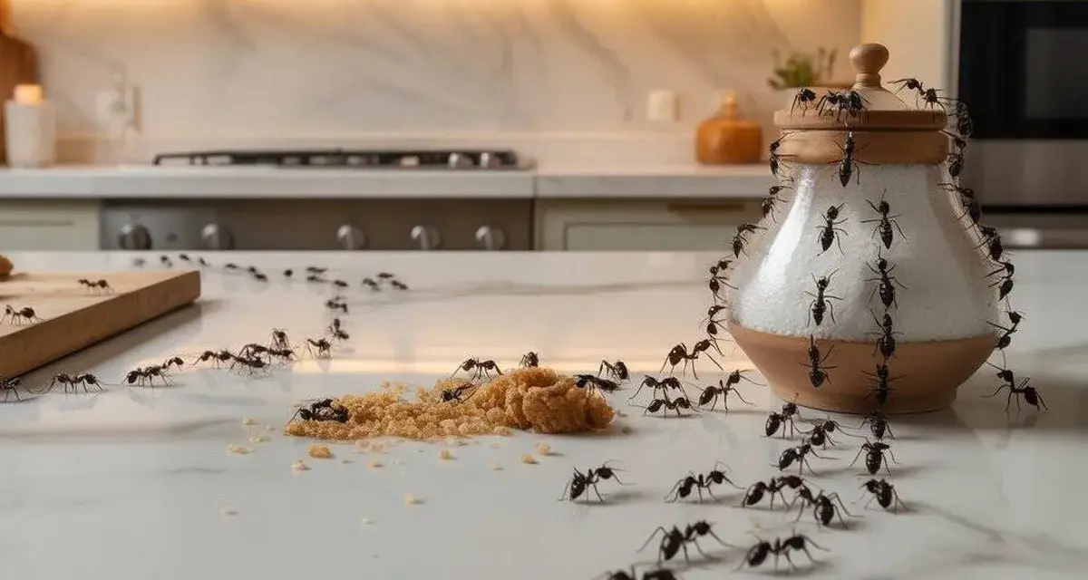 Un ejército de hormigas diminutas invade una cocina, rodeando un azucarero y un montón de azúcar moreno.