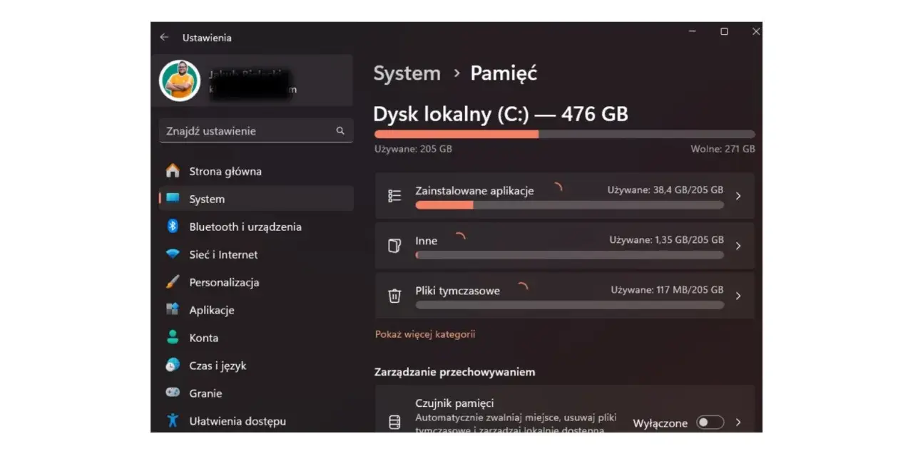 Ustawienia Windows 10: zarządzanie pamięcią dysku lokalnego C:, przegląd zajętego miejsca przez aplikacje i pliki tymczasowe.