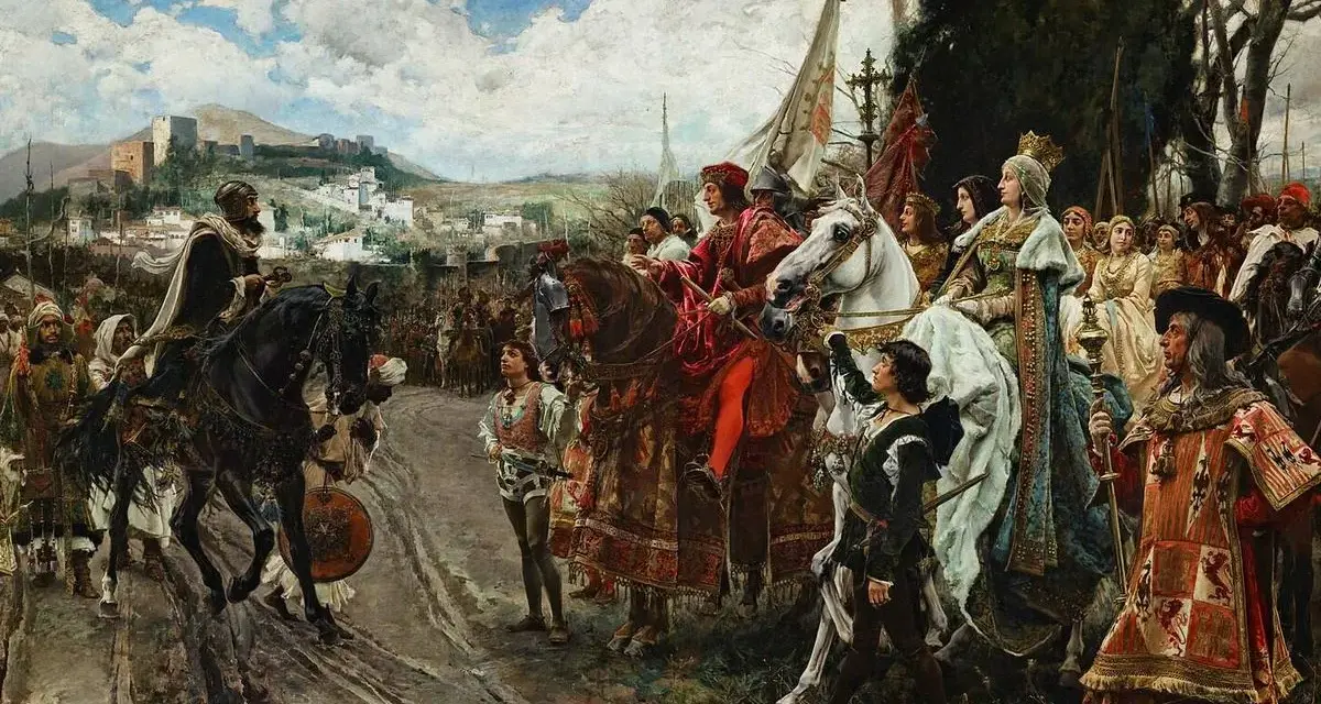 Un rey a caballo, con Granada al fondo, recibe a una reina y su corte. La escena evoca la importancia de la Mesta en la España medieval.