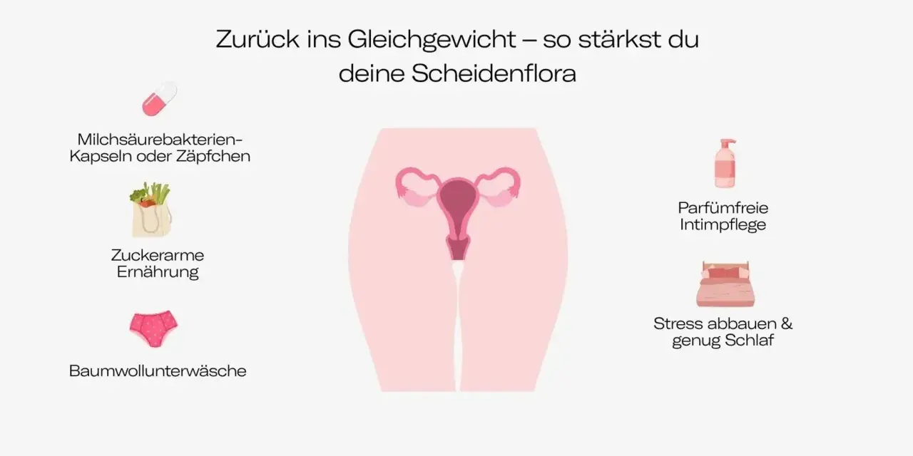 Grafik zeigt, wie man die Scheidenflora stärkt: Milchsäurebakterien, zuckerarme Ernährung, Baumwollunterwäsche, parfümfreie Intimpflege, Stressabbau. Dies hilft, eine Ursache für Scheidenpilz zu vermeiden.