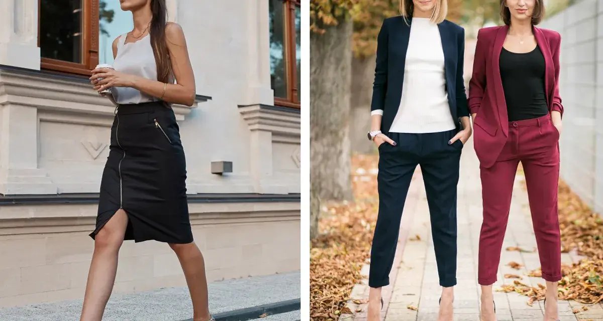 Eleganckie stylizacje na imprezę firmową: czarna spódnica z zamkiem i szpilki lub garnitury w granacie i bordo.