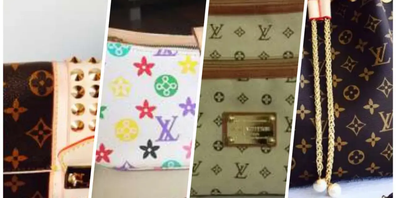 Cztery zbliżenia torebek Louis Vuitton: jedna z ćwiekami, druga kolorowa, trzecia z logo i blachą, czwarta ze złotym sznurkiem.