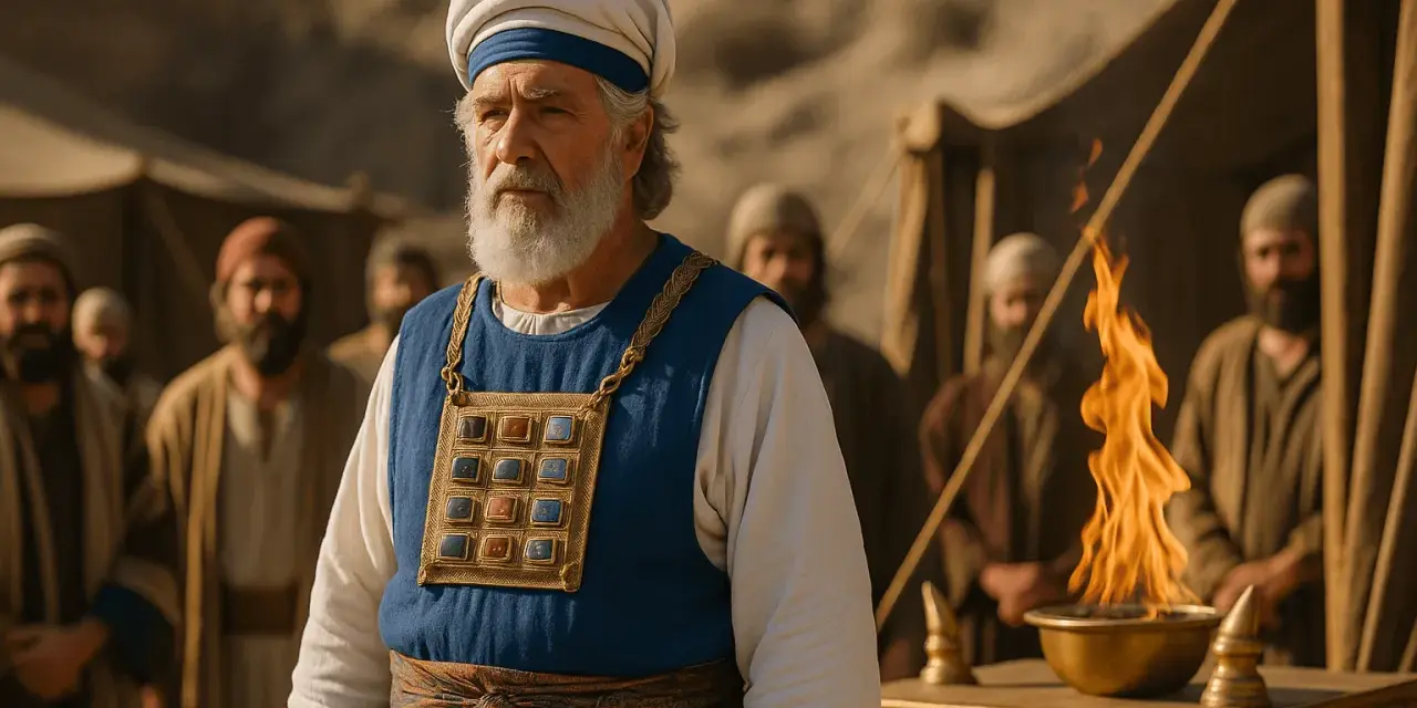 An elder, possibly Eleazar in the Bible, stands in a desert setting, wearing a priestly garment with a jeweled breastplate.