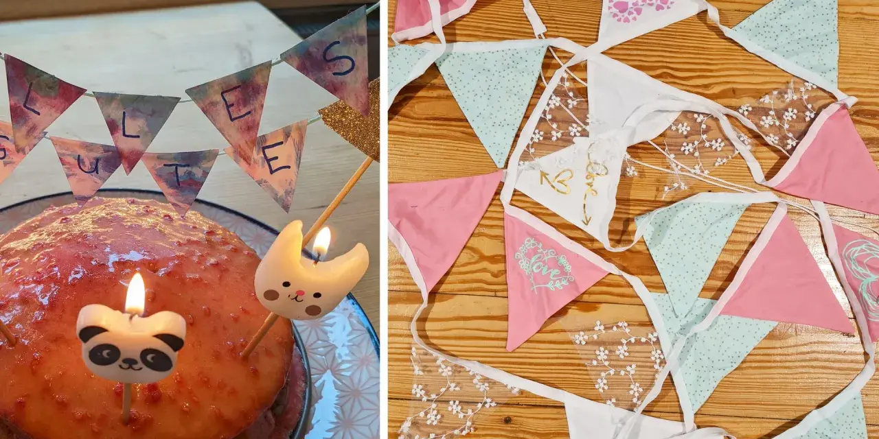 Geburtstagstorte mit Kerzen und einer selbstgemachten Wimpelkette. Daneben liegen weitere bunte Wimpelketten zum Basteln.