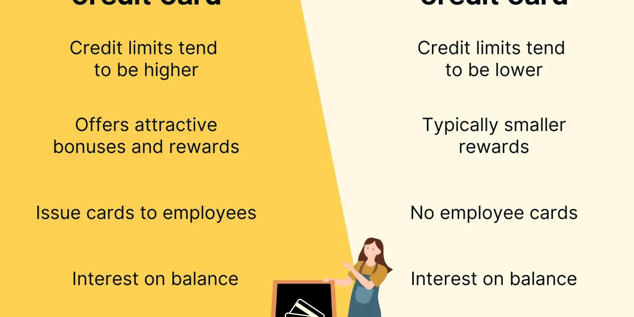 Comparison of business credit card vs personal credit card features, highlighting higher limits and employee cards for business.