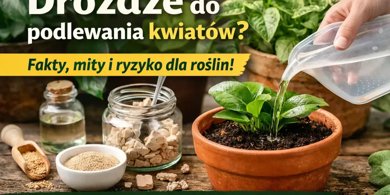 Nawóz z drożdży do kwiatów? Na zdjęciu widać słoik z drożdżami, buteleczkę z płynem i młodą roślinę w doniczce, którą podlewa ręka.