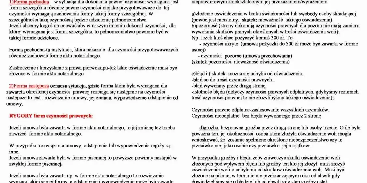 Dokument omawia formy czynności prawnych, w tym formę pochodną i następczą, oraz wady oświadczenia woli. Zawiera informacje o repertorium prawnym.