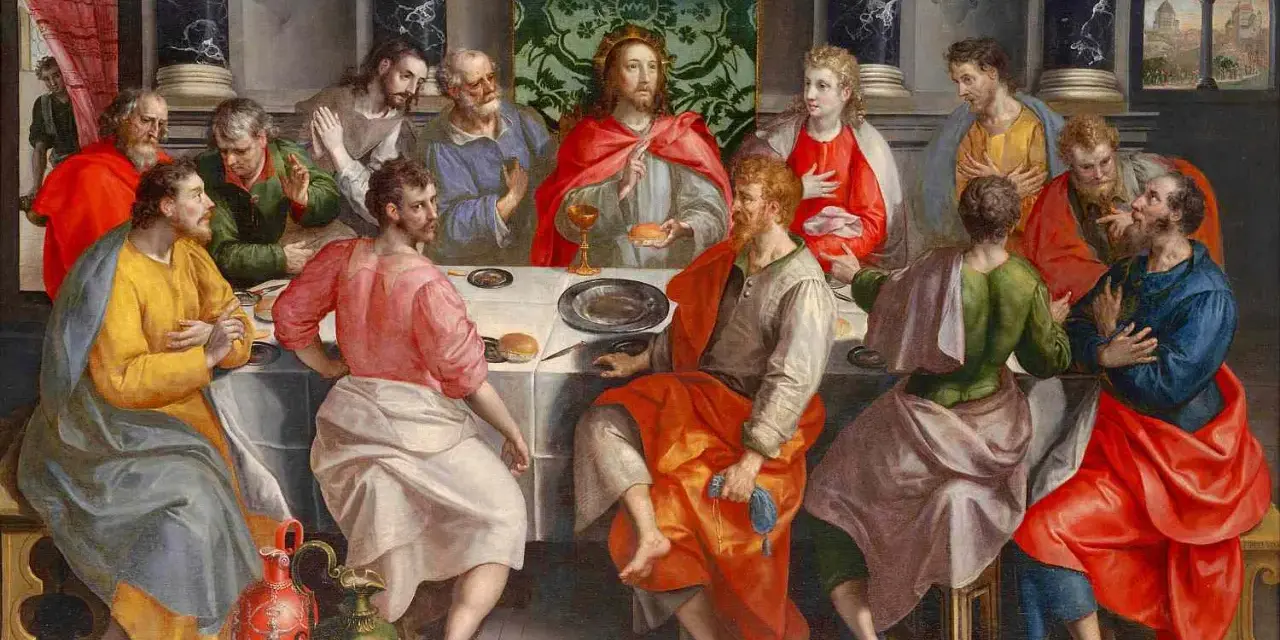 Jesus and his disciples at the Last Supper, a scene often depicted in different types of churches, with ornate architecture and rich fabrics.