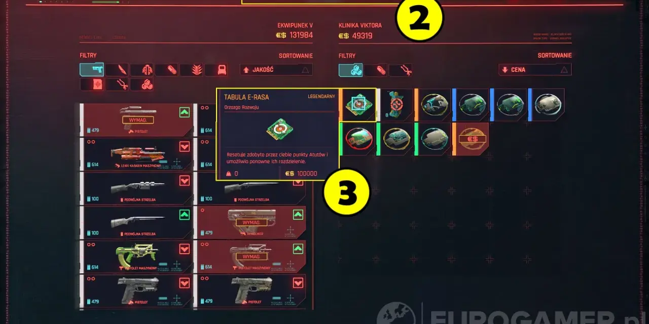 Interfejs gry Cyberpunk 2077: ekwipunek, handel i zasady gry. Widok menu z przedmiotami, w tym legendarną "Tabulą E-Rasa".