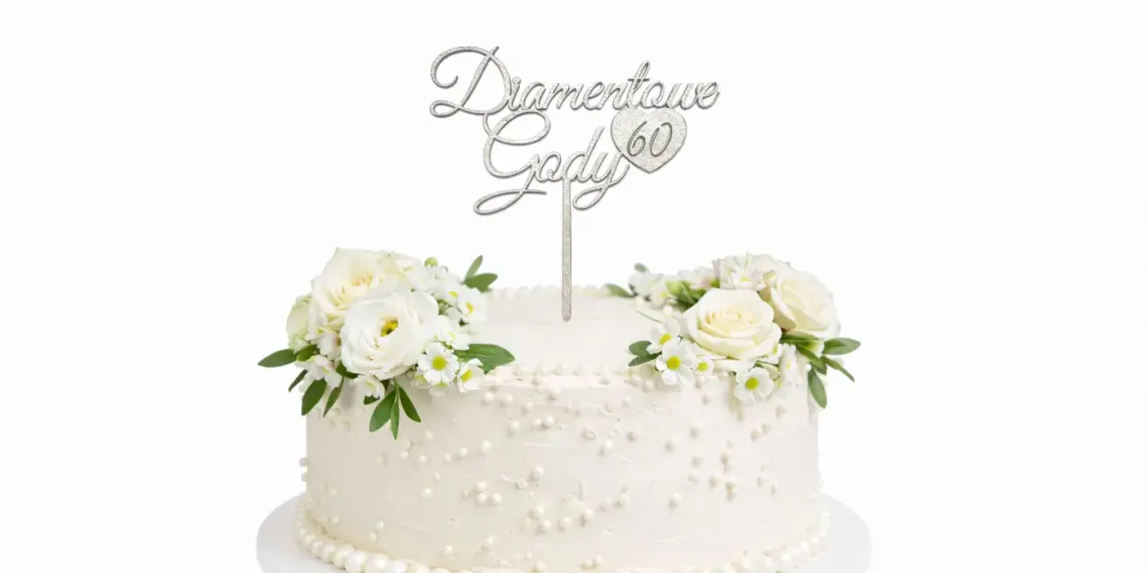 Elegancki tort ozdobiony białymi różami i napisem "Diamentowe Gody 60".