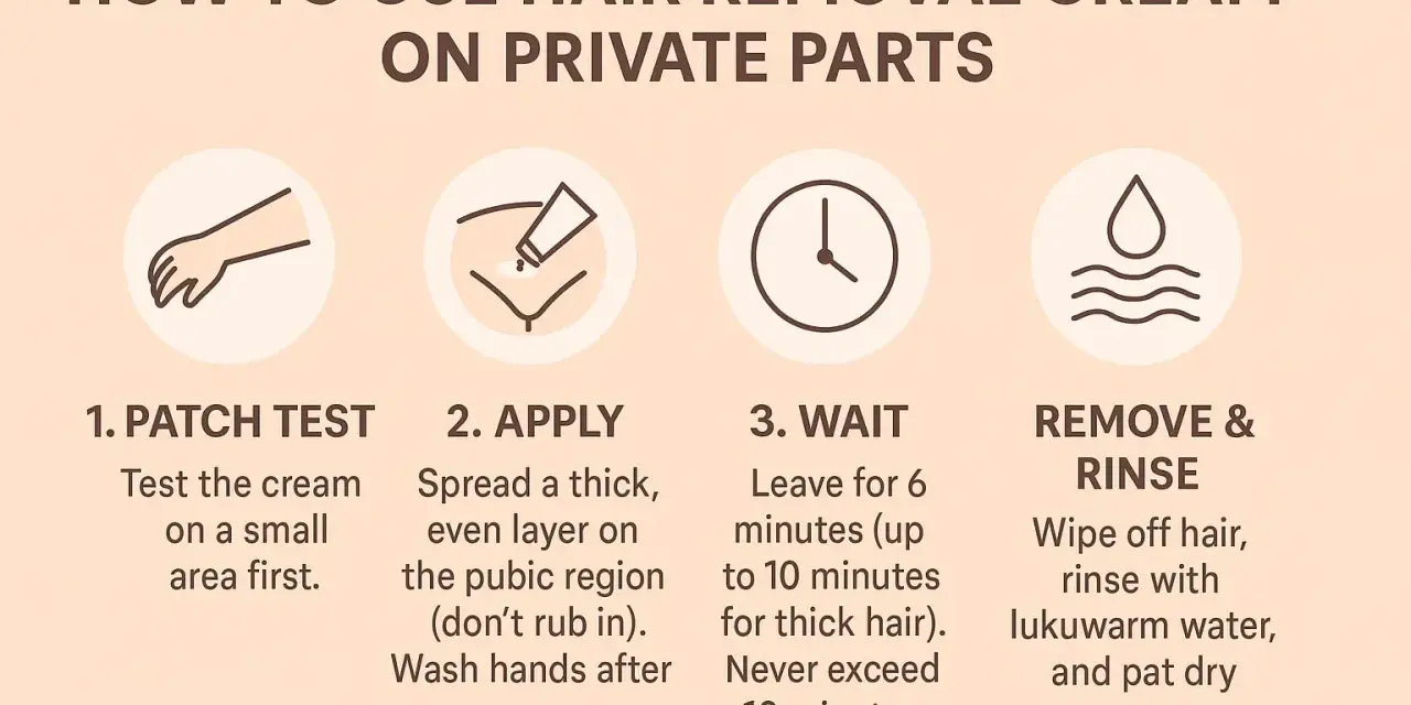 Instructions for using depilatory cream on private parts: patch test, apply, wait, and rinse. This cream's function is hair removal.