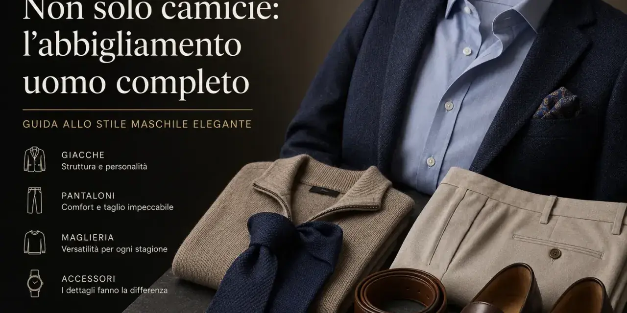 Un completo da uomo elegante: giacca blu, camicia azzurra, pantaloni beige, maglione, cravatta, cintura e scarpe.