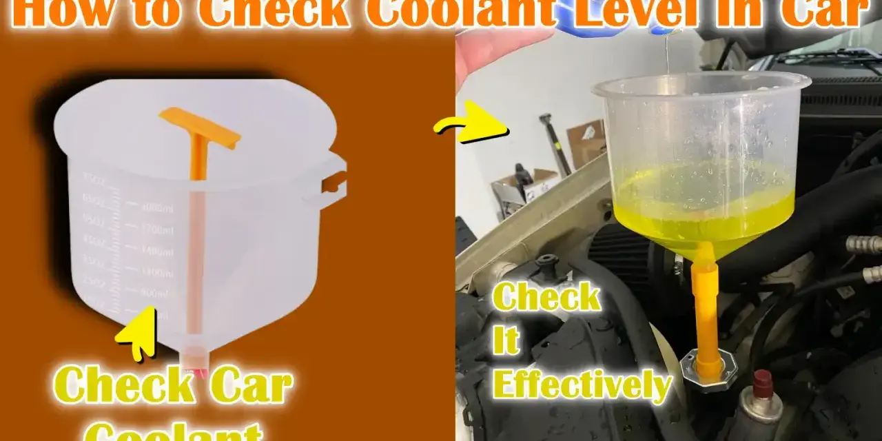 Learn how to check car coolant level effectively. The image shows a measuring jug and a funnel being used to check the coolant in a car engine.