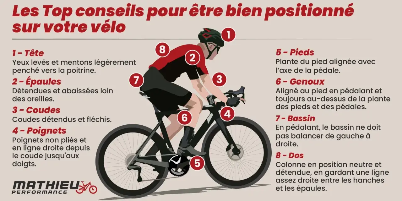 Conseils pour une bonne position vélo route : tête haute, épaules détendues, coudes fléchis, poignets droits, pieds alignés, genoux souples, bassin stable, dos neutre.